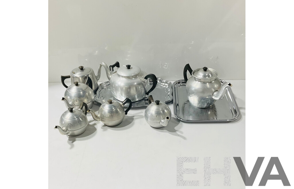 Large Collection of Vintage Cromalin Plated Swan Teapots in Jubilee and Other Designs Including Large Examples & Three Swan Trays