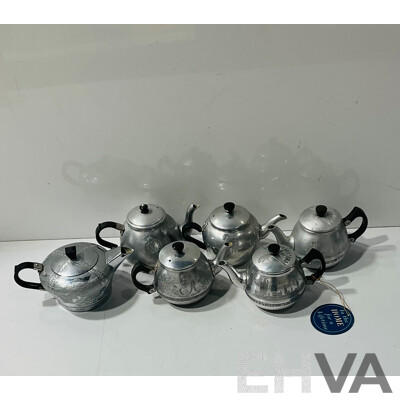 Collection of Scarce Vintage Swan Teapots with Engraved Commemorative Decoration Including Royal Visit 1941, Festival of Britain 1951 and More