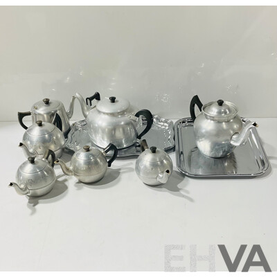 Large Collection of Vintage Cromalin Plated Swan Teapots in Jubilee and Other Designs Including Large Examples & Three Swan Trays