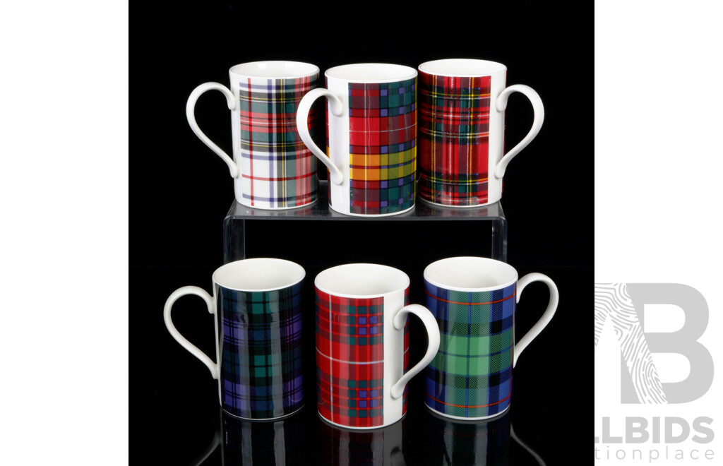 Set Six Scottish Dunoon Stoneware Mugs in Tartan Theme