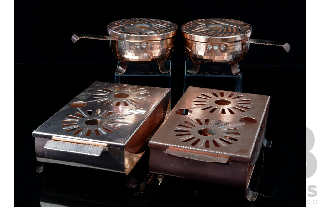 Retro Mid Century Swiss Sigg Hand Hammered Copper Burner Set Comprising Two Round and Two Double Burner Examples