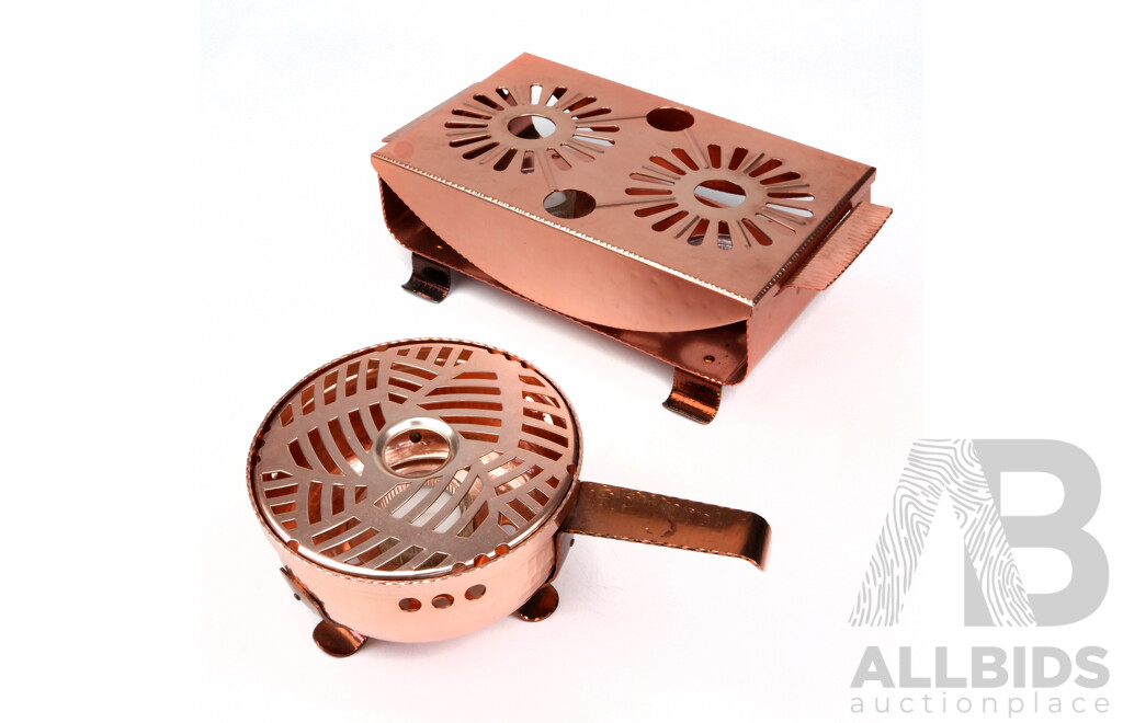 Retro Mid Century Swiss Sigg Hand Hammered Copper Burner Set Comprising Two Round and Two Double Burner Examples