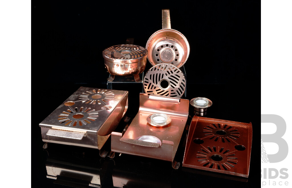 Retro Mid Century Swiss Sigg Hand Hammered Copper Burner Set Comprising Two Round and Two Double Burner Examples