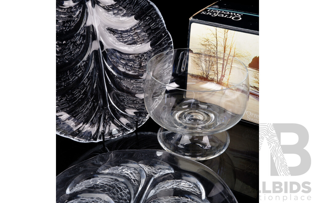 Two Retro Mid Century Orrefors Glass Leaf From Platters Along with Serving Coupe by Nils Landberg in Original Box