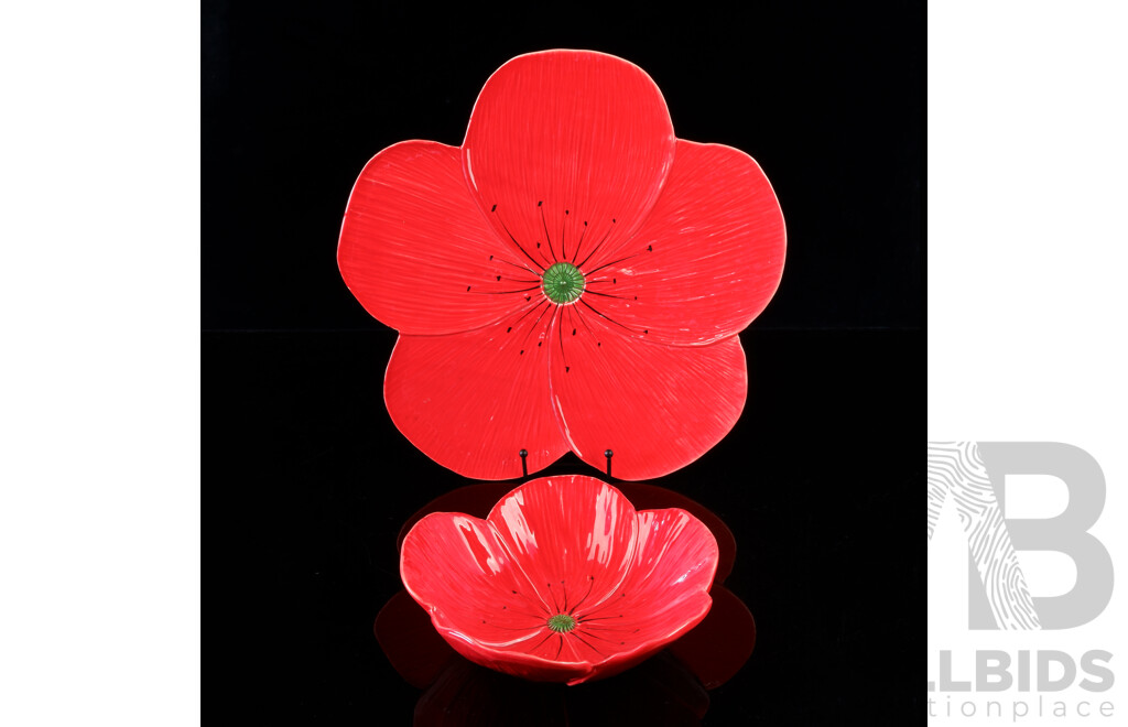 Retro Casablanca Italian Made Poppy Themed Ceramic Platter and Bowl