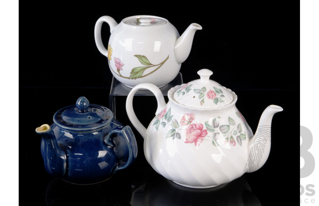 Collection Three Teapots Comprising Wedgwood Porcelain Rose Themed Example, Pillivuyt Art Nouveau Design Floral Themed Example and Denby Stoneware Side Handle Example