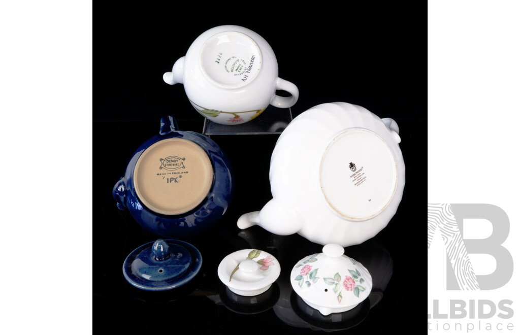 Collection Three Teapots Comprising Wedgwood Porcelain Rose Themed Example, Pillivuyt Art Nouveau Design Floral Themed Example and Denby Stoneware Side Handle Example