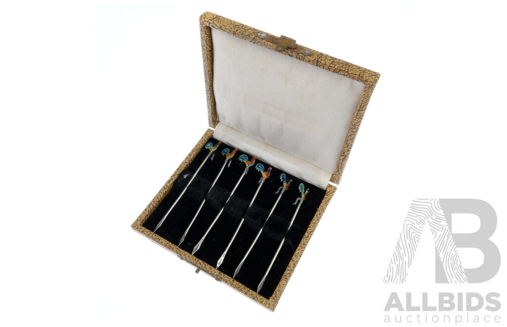 Set Six Antique Sterling Silver Toothpicks with Rooster Form Enamel Finials in Original Box, Birmingham 1929