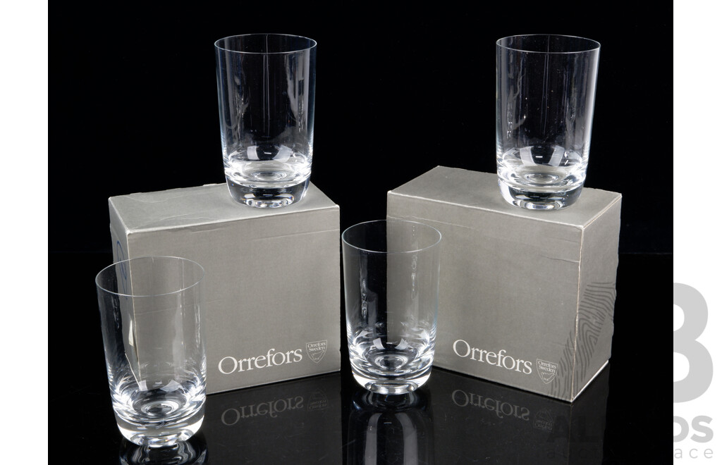 Collection Mid Century Swedish Orrefors Glassware Comprising Two Pairs Olaf Tumblers by Nils Landberg All in Original Boxes