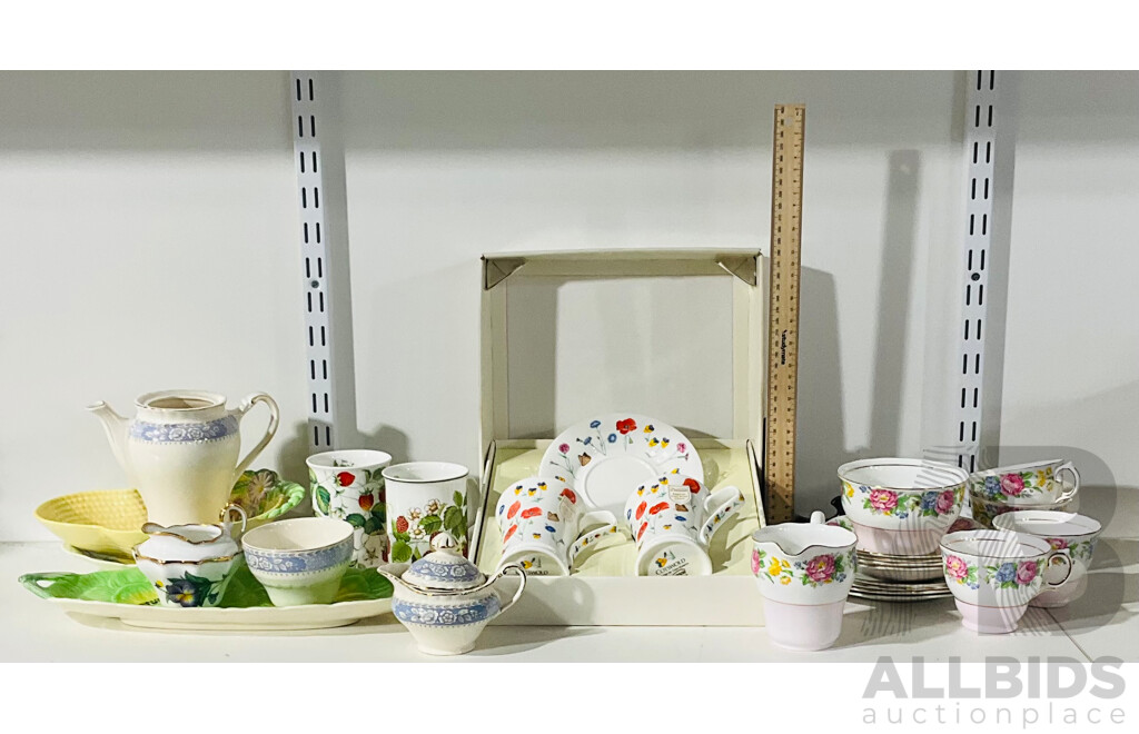 Collection of Porcelain Tea Cups, Platters and Saucers Including Set of Trios From Colclough Fine Bone China, Set of Duos From Dunoon and More