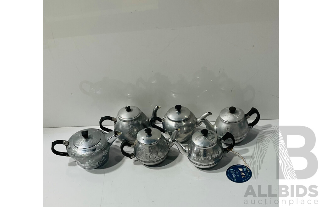 Collection of Scarce Vintage Swan Teapots with Engraved Commemorative Decoration Including Royal Visit 1941, Festival of Britain 1951 and More