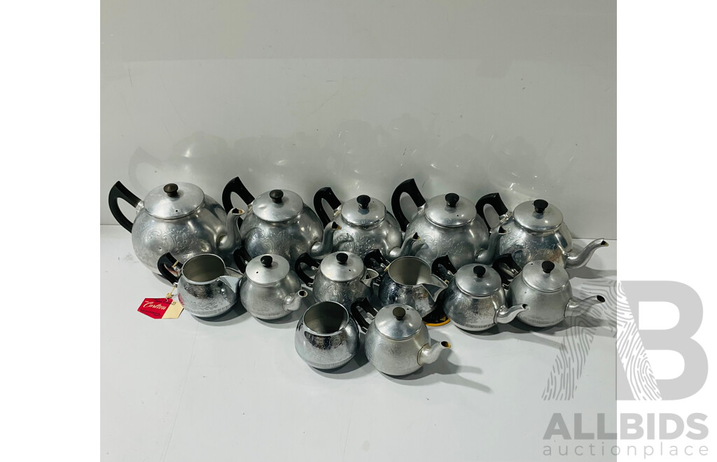 Large Collection of Vintage Chromium Plated Swan Teapots and Creamers in the Carlton Design