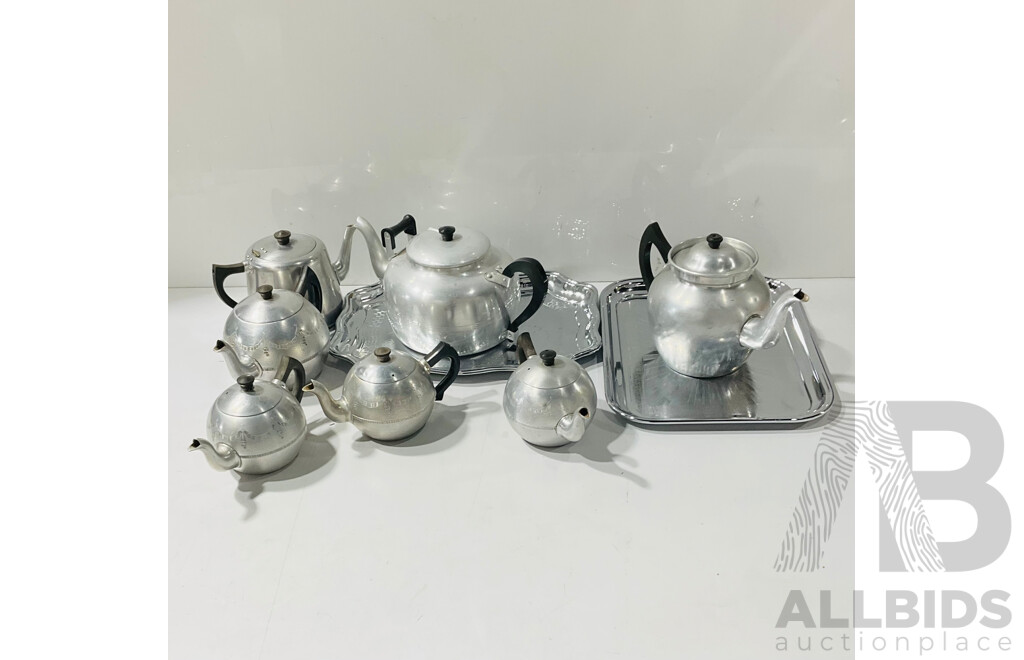 Large Collection of Vintage Cromalin Plated Swan Teapots in Jubilee and Other Designs Including Large Examples & Three Swan Trays