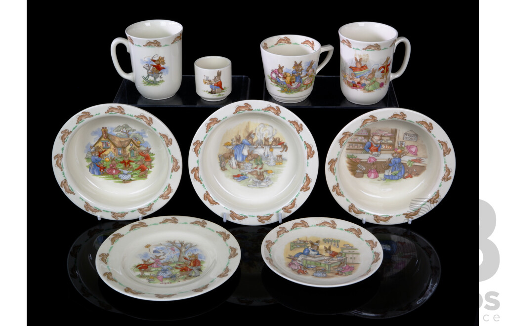 Collection Nine Royal Doulton Porcelain Bunnykins Pieces Including Trio, Three Bowls and More