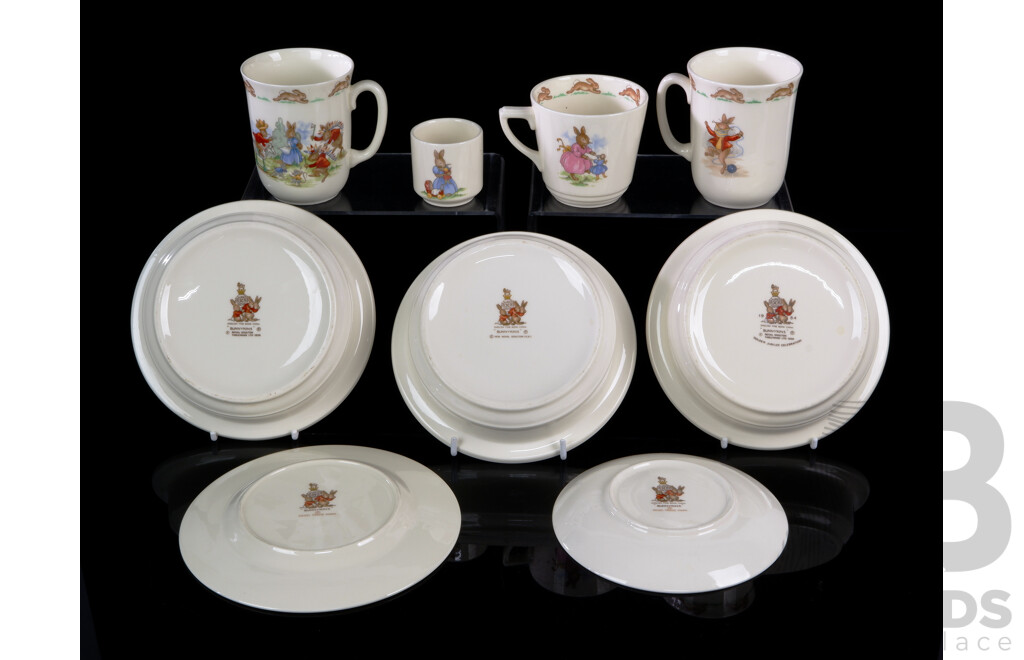 Collection Nine Royal Doulton Porcelain Bunnykins Pieces Including Trio, Three Bowls and More