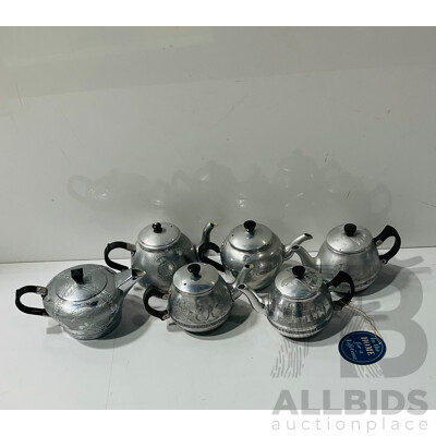 Collection of Scarce Vintage Swan Teapots with Engraved Commemorative Decoration Including Royal Visit 1941, Festival of Britain 1951 and More