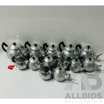 Large Collection of Vintage Chromium Plated Swan Teapots and Creamers in the Carlton Design