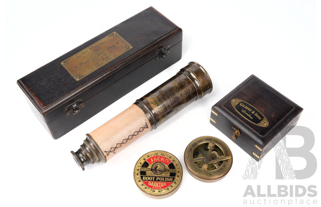 Antique Style 1915 Maspoli Royal Navy Telescope and Gilbert & Sons Jacko Boot Polish Tin Compass