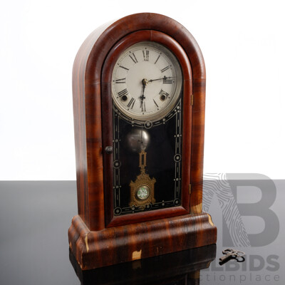 Vintage Round Top Veneered Chiming Clock with Visible Pendulum