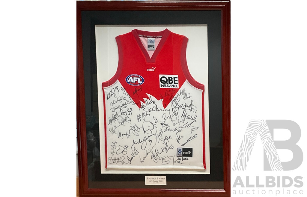 Framed Limited Edition Sydney Swans AFL Season 2000 Signed Jersey - 221 of 250 - 84 X108cm