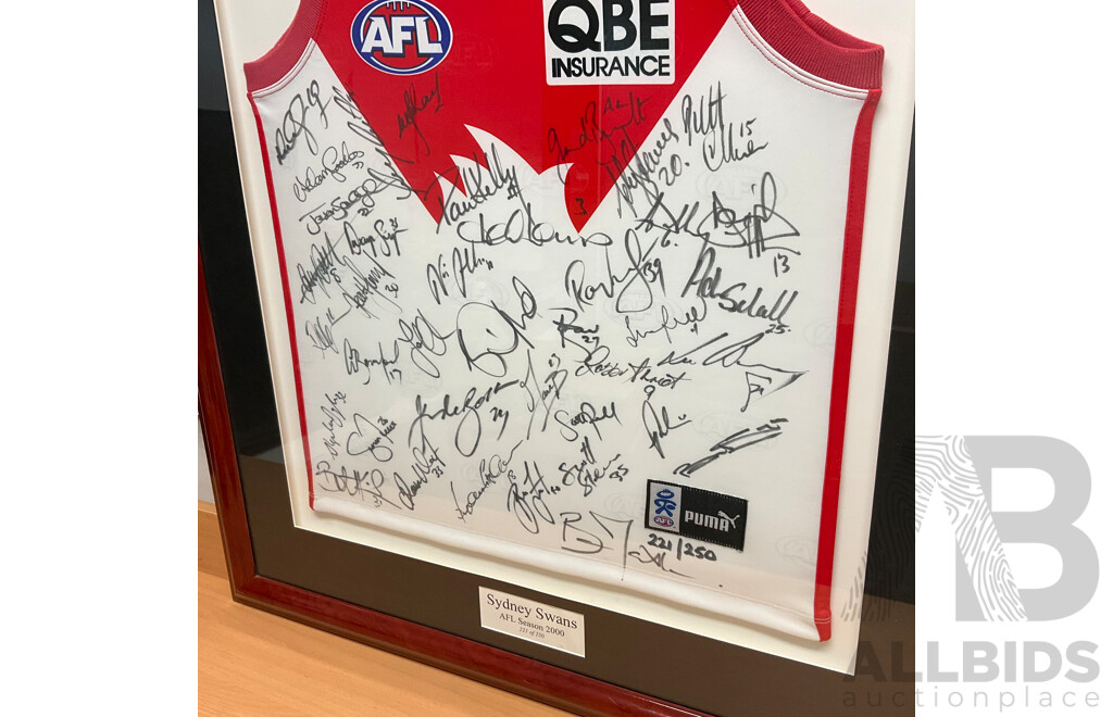 Framed Limited Edition Sydney Swans AFL Season 2000 Signed Jersey - 221 of 250 - 84 X108cm