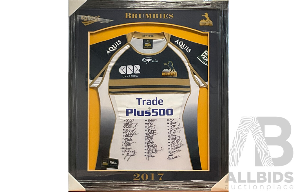 Framed 2017 Super Rugby Brumbies Signed Jersey with COA on Rear - 83x100cm