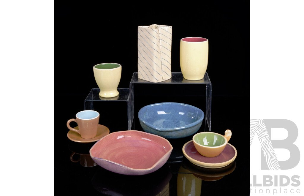 Collection Nine Pieces Handmade Australian Studio Pottery Including Duo & Two Beakers by Guy Boyd and More