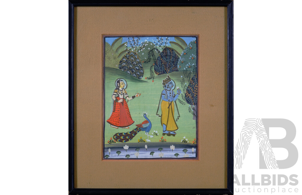 Indian School, (Possibly Basohli, Pahari Hills, North India, Early 19th Century), Radha and Lord Krishna with Peacock, Opaque Pigments on Paper, 30 x 26 cm (frame)