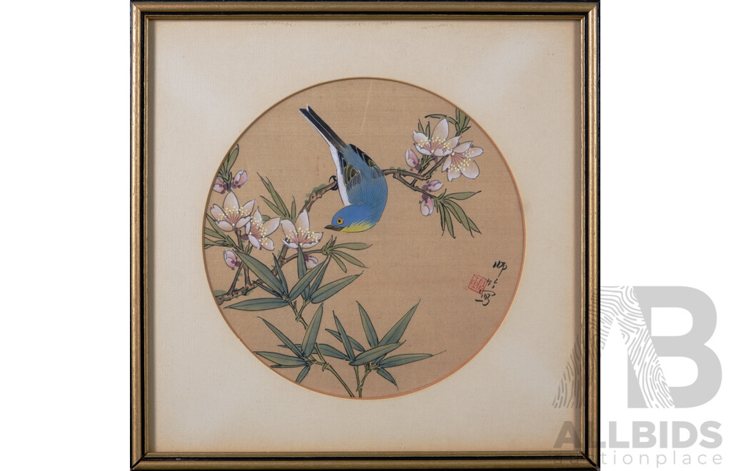 Vintage Chinese Hand Painted Silk Panel, Bluebird and Blossoms, Ink on Silk, 26 x 26 cm (frame)