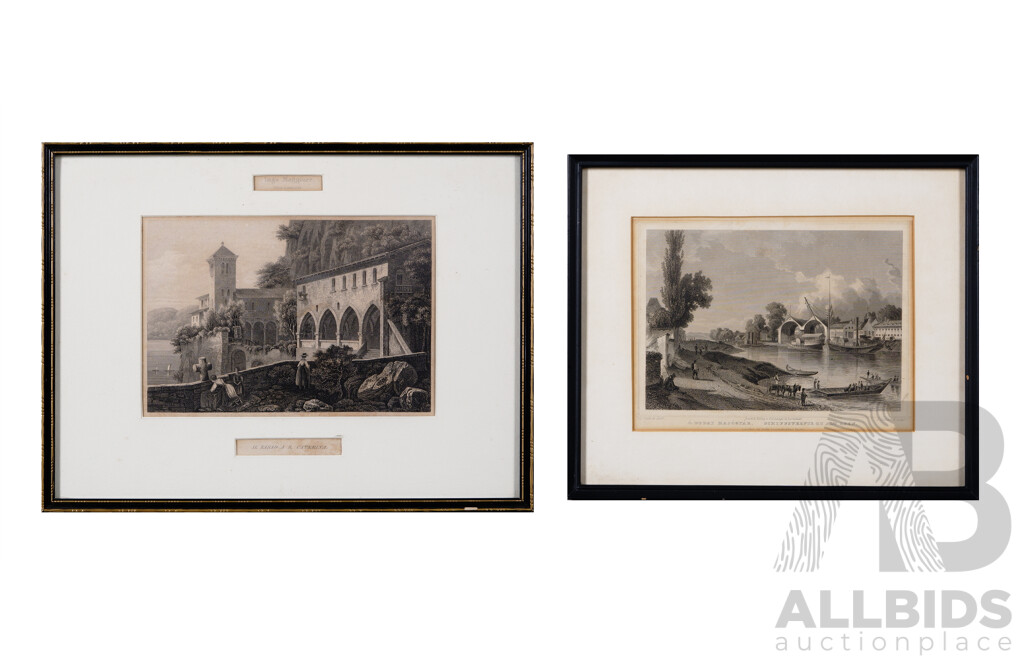 Pair of Framed Vintage 19th Century Steel Engravings - Lago Maggiore and O Budai Hajogyar, Schiffswerfte Zu Alt Ofen, 25 x 33 cm (larger frame) (2)