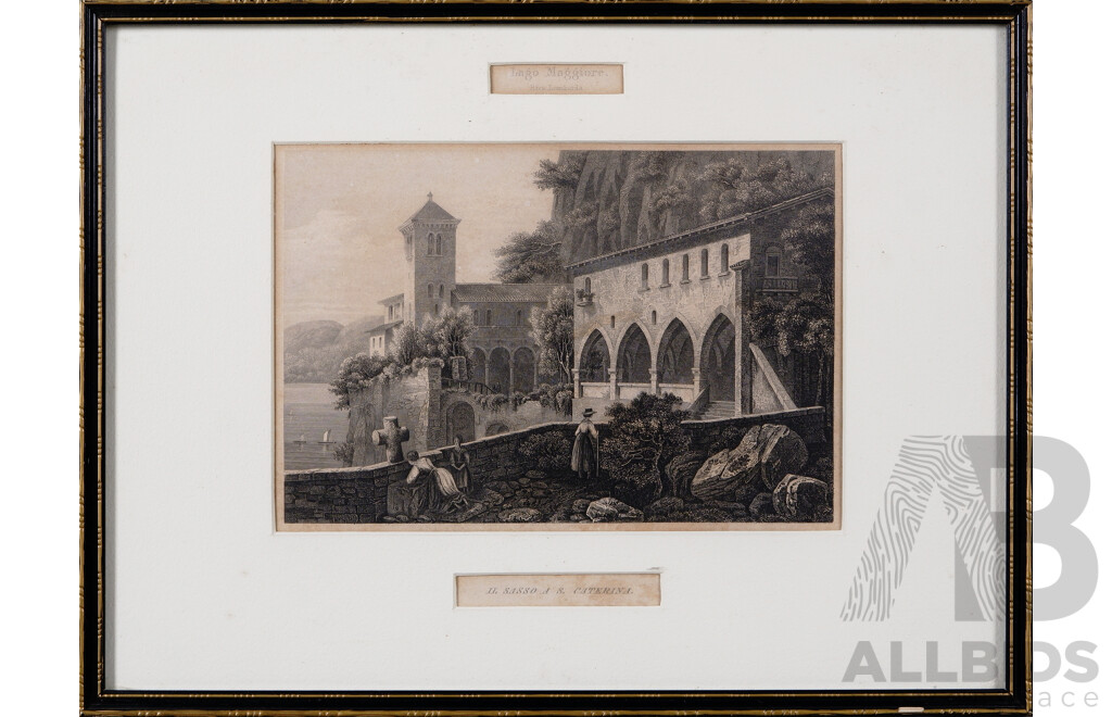 Pair of Framed Vintage 19th Century Steel Engravings - Lago Maggiore and O Budai Hajogyar, Schiffswerfte Zu Alt Ofen, 25 x 33 cm (larger frame) (2)