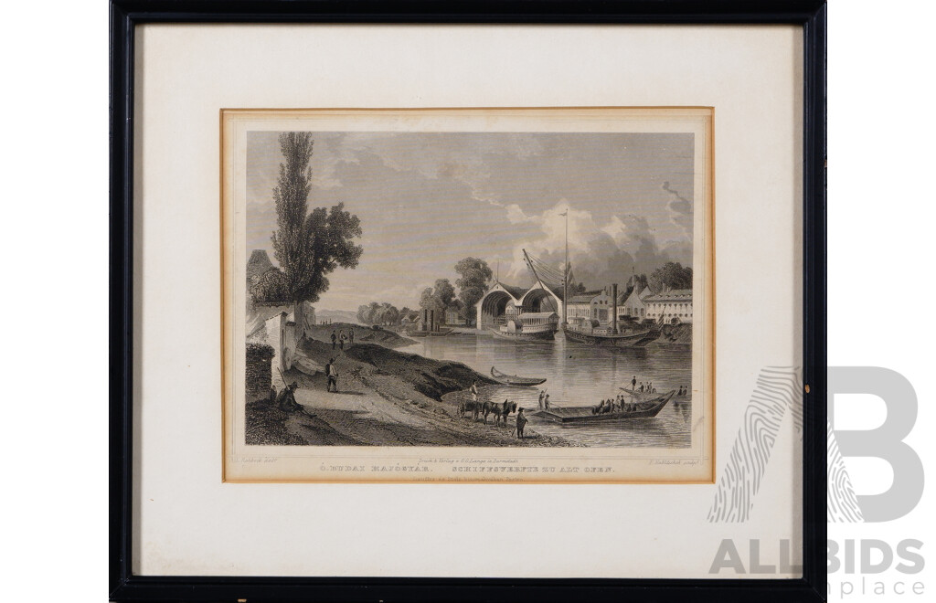 Pair of Framed Vintage 19th Century Steel Engravings - Lago Maggiore and O Budai Hajogyar, Schiffswerfte Zu Alt Ofen, 25 x 33 cm (larger frame) (2)