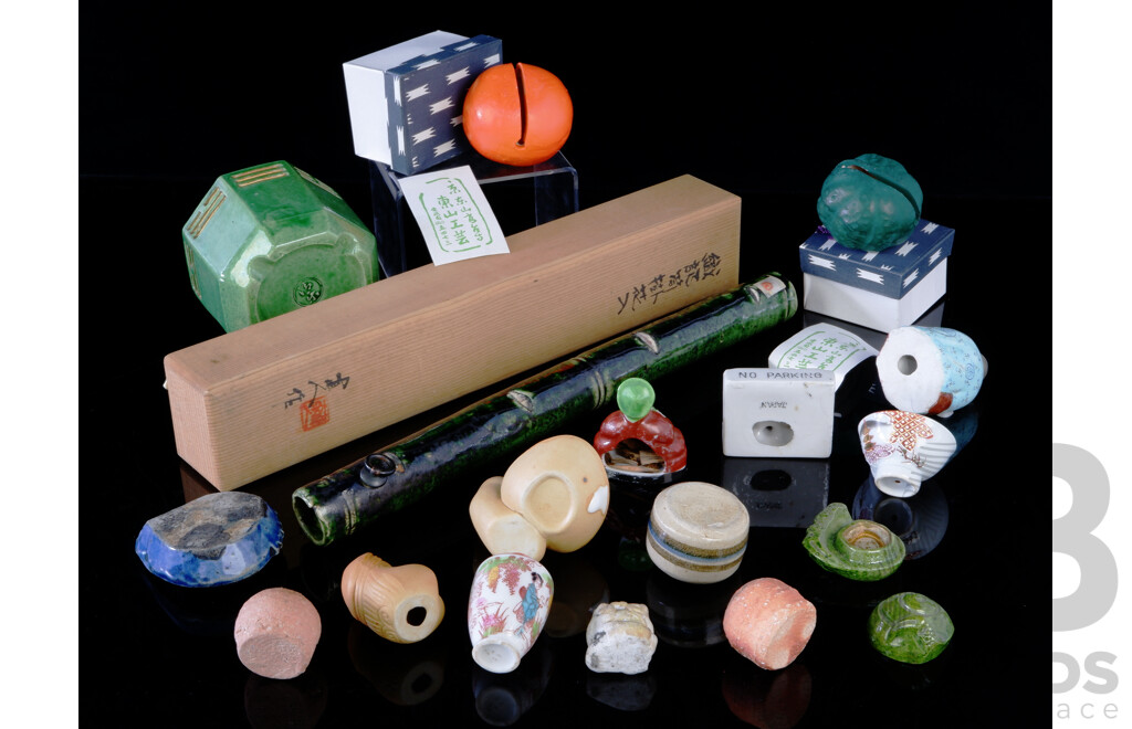 Collection Asian Vintage Souvenir Ware Items Including Bamboo Form Pipe in Wooden Box and More