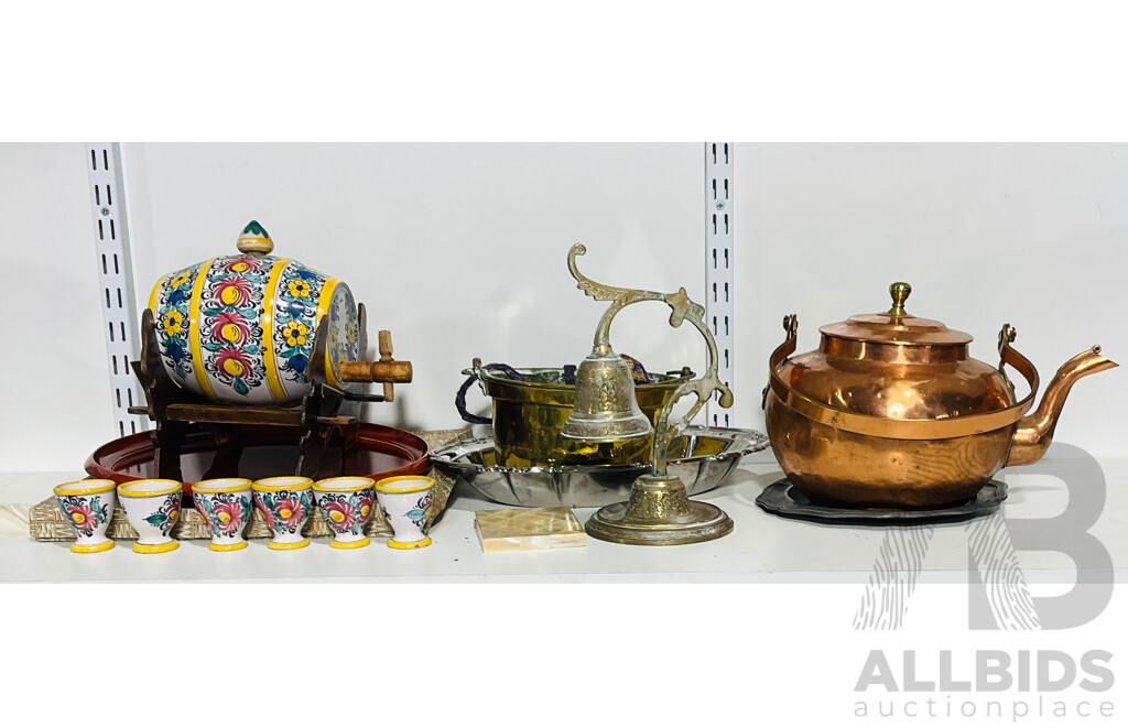 Collection Decorator Items INcluding Czech Hand Painted Ceramic Barrel on Wooden Stand with Set Six Cups, MOP Vesta Case, Copper Kettle and More