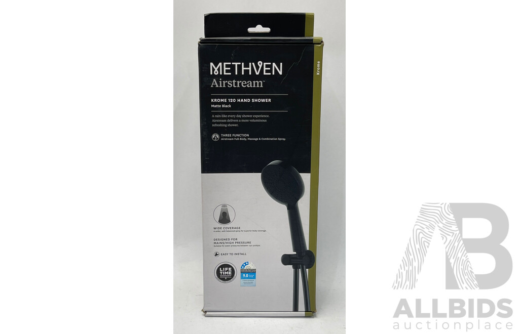 Methven Krome Hand Shower Airstream 120mm 3 Function 3Star Matte Black - Brand New - RRP $315