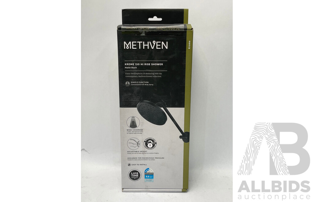 Methven Krome Hi-Rise Shower 150mm Round Head 3Star Matte Black - Brand New - RRP $175