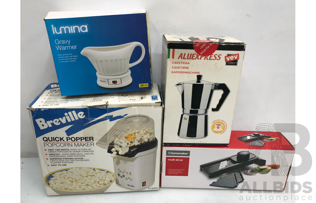 Breville Popcorn Maker, Lumina Gravy Warmer, Aluexpress Coffee Maker, and Homemaker Multi-Slicer - Lot of 4