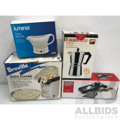 Breville Popcorn Maker, Lumina Gravy Warmer, Aluexpress Coffee Maker, and Homemaker Multi-Slicer - Lot of 4