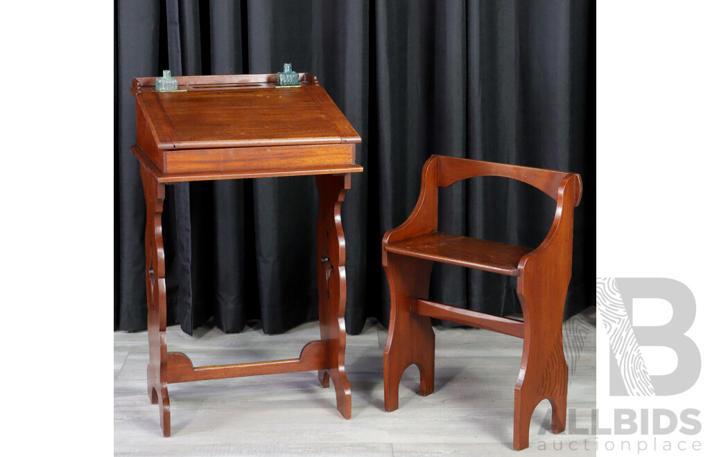 Antique Timber Lift Top School Desk with Bench Seat