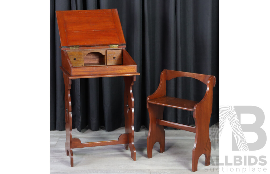 Antique Timber Lift Top School Desk with Bench Seat