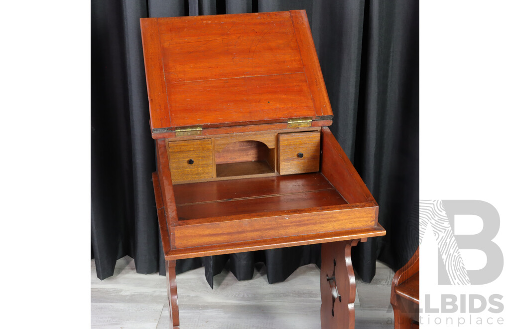 Antique Timber Lift Top School Desk with Bench Seat