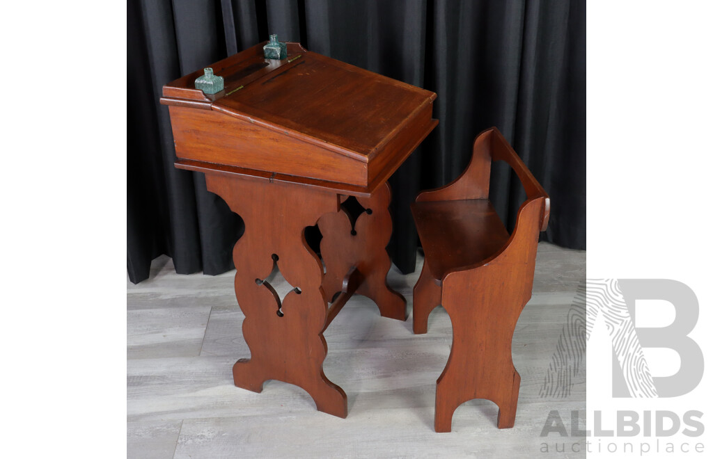 Antique Timber Lift Top School Desk with Bench Seat