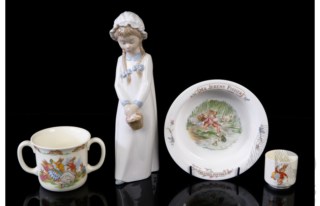 Collection Childrens Porcelain Including Two Royal Doulton Bunnykins Examples, Lladro Figure and More