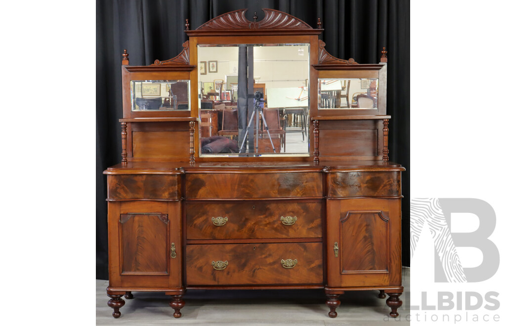 Victorian Flame Mahogany Serpentine Front Mirrored Back Sideboard