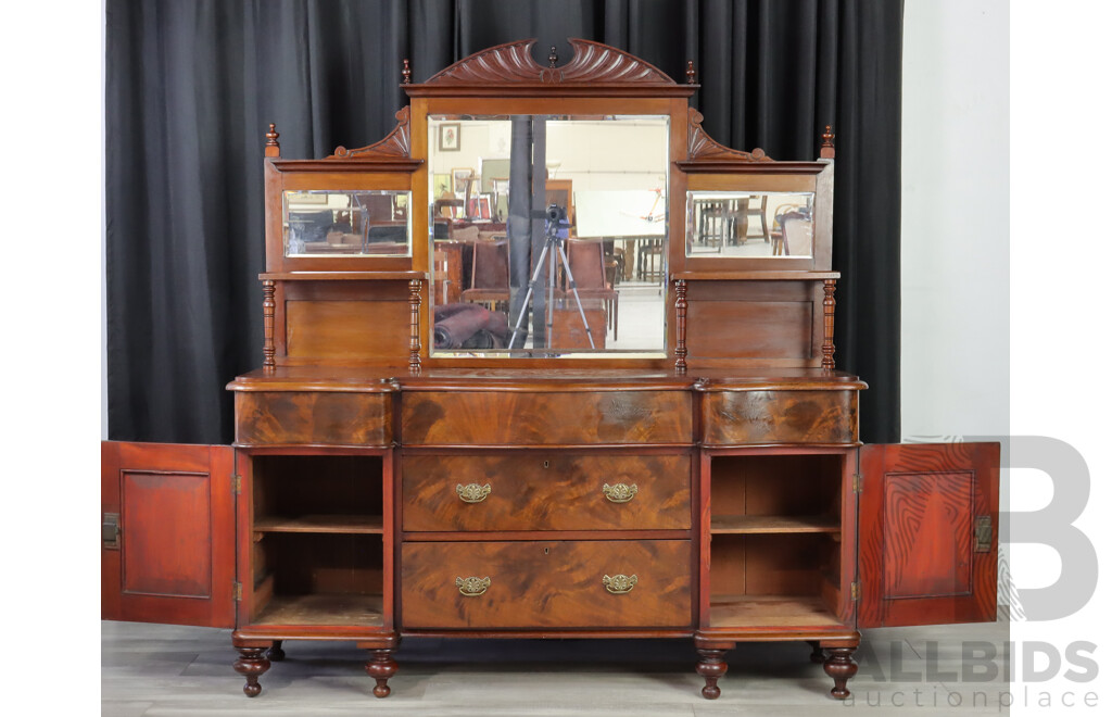 Victorian Flame Mahogany Serpentine Front Mirrored Back Sideboard