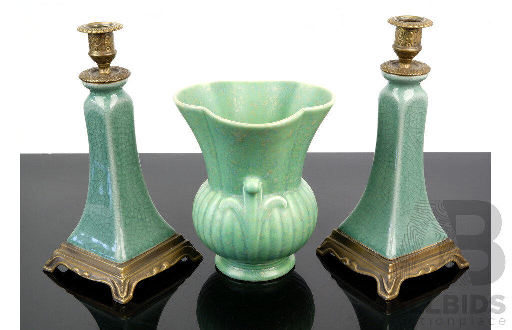 Vintage Crown Devon Ceramic Vase Along with Pair Antique Style Crackle Glazed Candle Holders