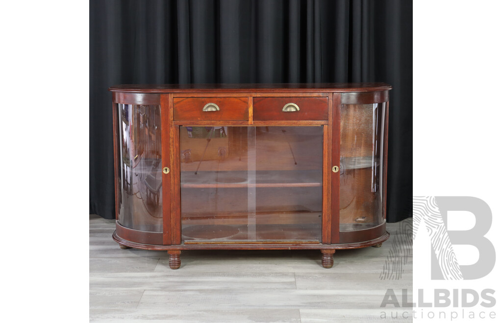 Art Deco Mahogany Sideboard with Curved Glass Doors