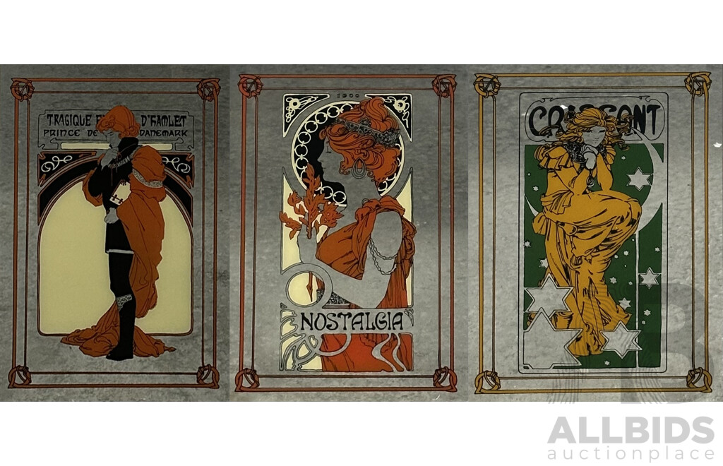 Trio of Late 20th Century Art Mirrors, Art Nouveau Motifs - Tragique D'Hamlet, Nostalgia, Crissant - 46 x 30 cm (frames) (3)