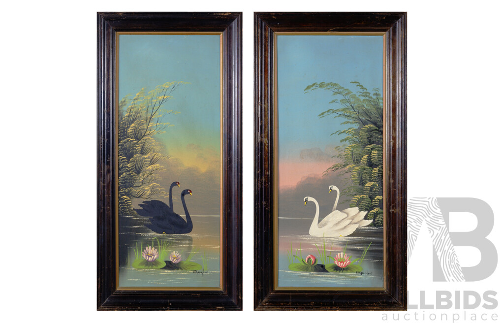 (Possibly) Attributed to William J. Hodgson (19th Century, British,1878-1903), White Swans & Black Swans, Unique Pair of Vintage Oil on Heavy Cardboard Works, in Original Frames, 98 x 48 cm (frames) (2)