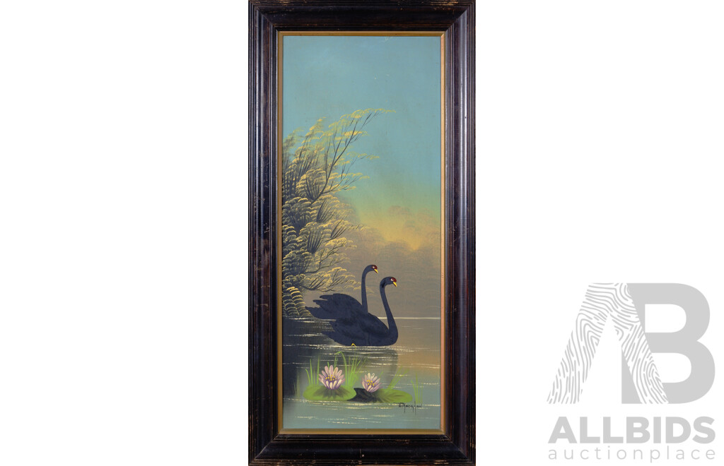 (Possibly) Attributed to William J. Hodgson (19th Century, British,1878-1903), White Swans & Black Swans, Unique Pair of Vintage Oil on Heavy Cardboard Works, in Original Frames, 98 x 48 cm (frames) (2)